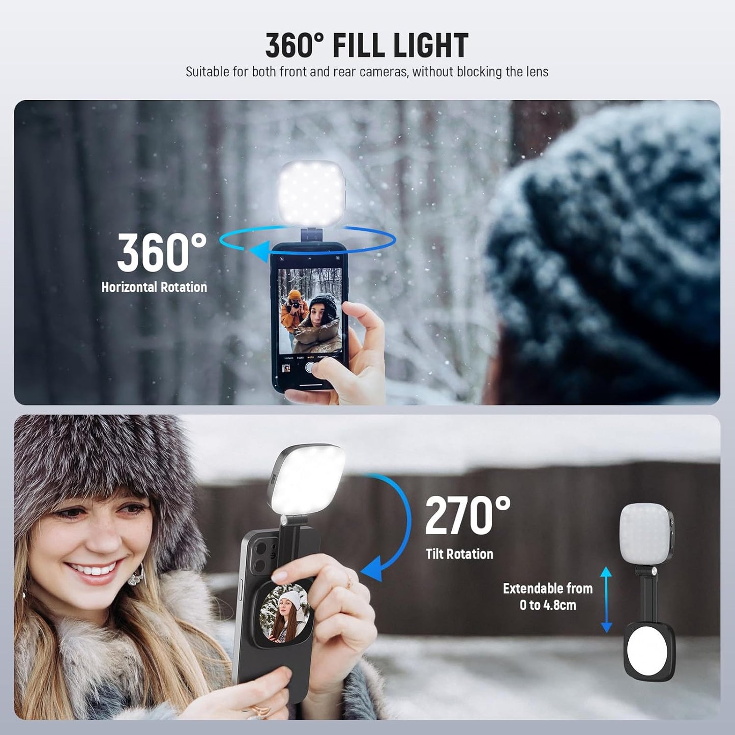 Basics Magnetic Selfie Light Compatible with Magsafe Iphone, Mini LED Desk Phone Stand Fill Ring Lighting with Mirror/Cleaning Cloth for Zoom Makeup Recording Video Conference, Black NL48B