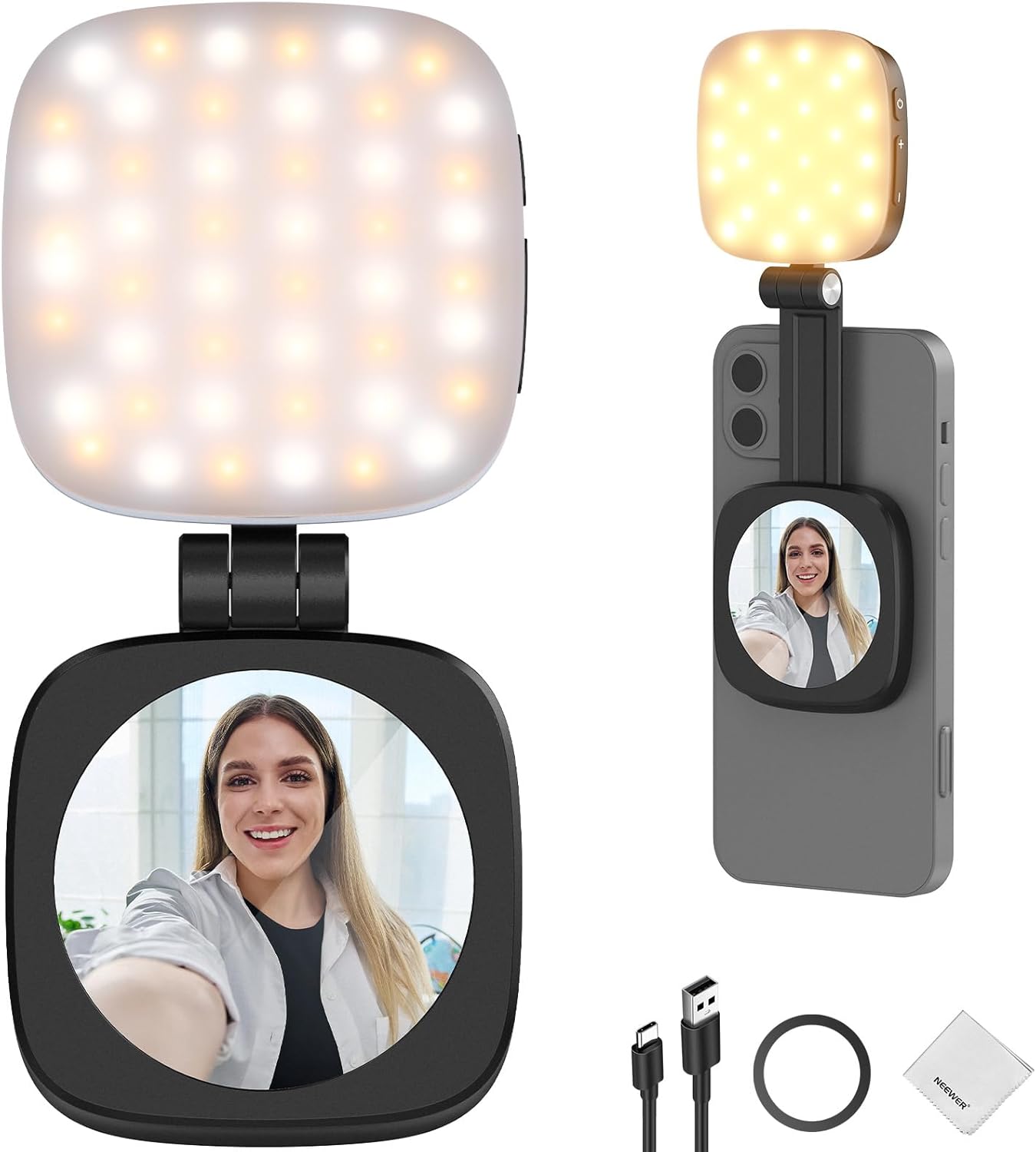 Basics Magnetic Selfie Light Compatible with Magsafe Iphone, Mini LED Desk Phone Stand Fill Ring Lighting with Mirror/Cleaning Cloth for Zoom Makeup Recording Video Conference, Black NL48B