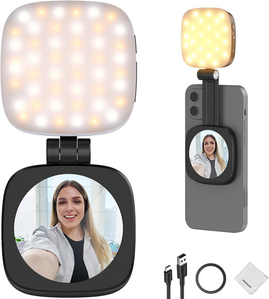 Basics Magnetic Selfie Light Compatible with Magsafe Iphone, Mini LED Desk Phone Stand Fill Ring Lighting with Mirror/Cleaning Cloth for Zoom Makeup Recording Video Conference, Black NL48B