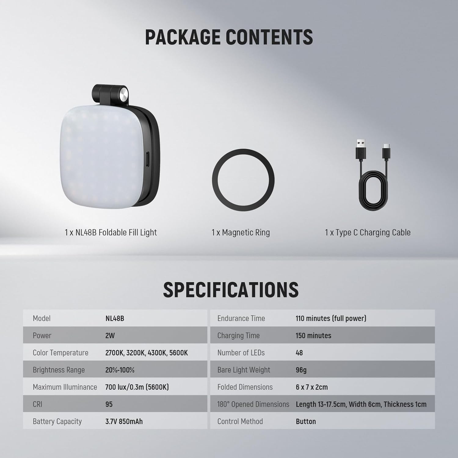 BASICS Magnetic Selfie Light Compatible with Magsafe Iphone,Cri95 700Lx/0.3M Folding LED Phone Fill Ring Lighting with Mirror for Zoom Makeup Photography Recording Video Conference, Black NL48B