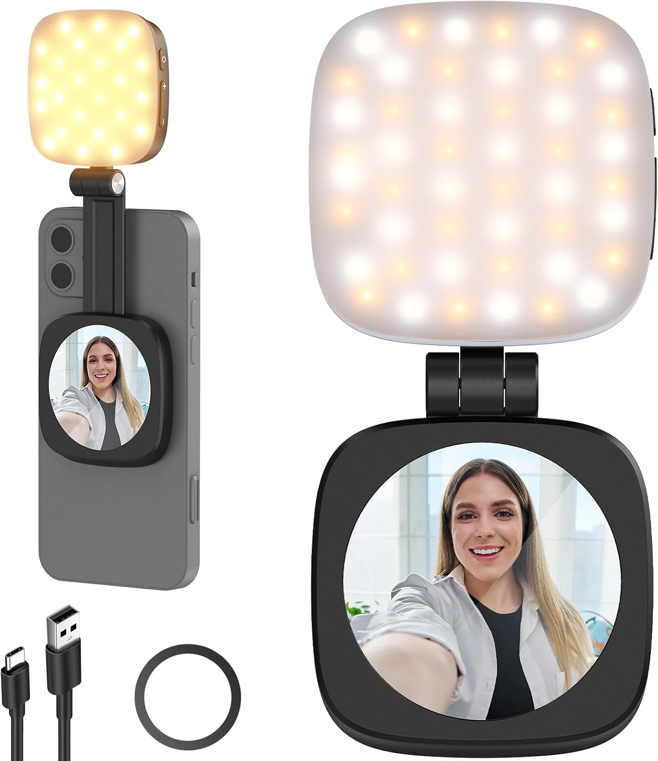 BASICS Magnetic Selfie Light Compatible with Magsafe Iphone,Cri95 700Lx/0.3M Folding LED Phone Fill Ring Lighting with Mirror for Zoom Makeup Photography Recording Video Conference, Black NL48B