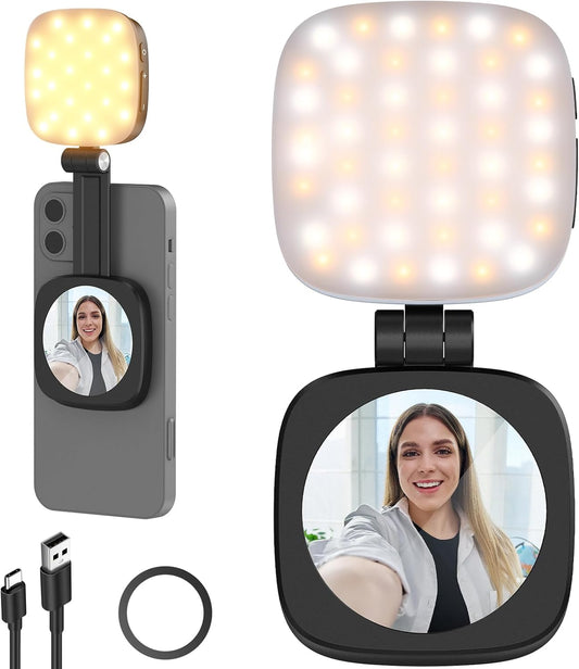 BASICS Magnetic Selfie Light Compatible with Magsafe Iphone,Cri95 700Lx/0.3M Folding LED Phone Fill Ring Lighting with Mirror for Zoom Makeup Photography Recording Video Conference, Black NL48B