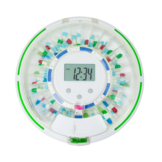 Automatic Pill Dispenser for Elderly with Alarm Lock 28-Day Medication Dispenser 6 Dosage Templates Sound & Light Alerts & Key for Vitamins Supplements (Clear Lid)