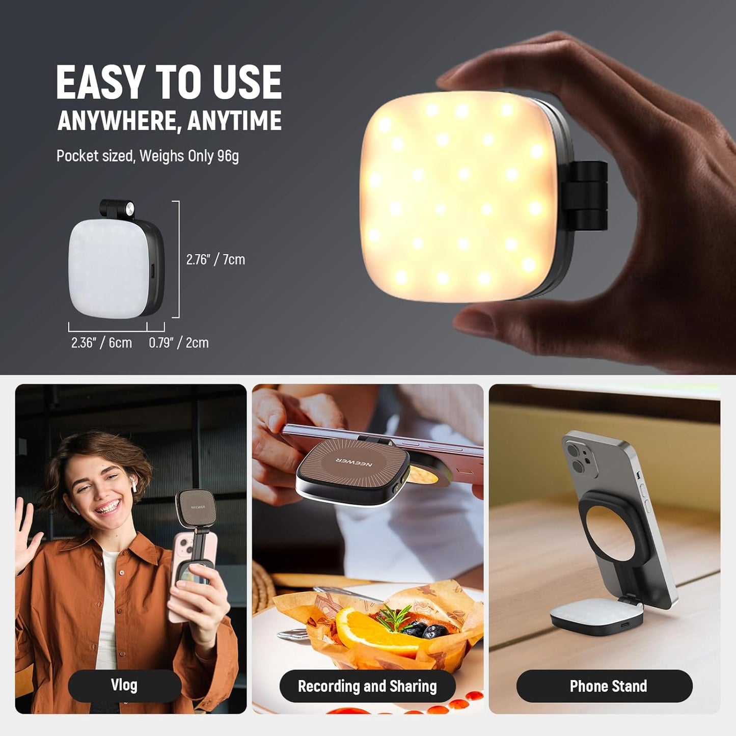 BASICS Magnetic Selfie Light Compatible with Magsafe Iphone,Cri95 700Lx/0.3M Folding LED Phone Fill Ring Lighting with Mirror for Zoom Makeup Photography Recording Video Conference, Black NL48B