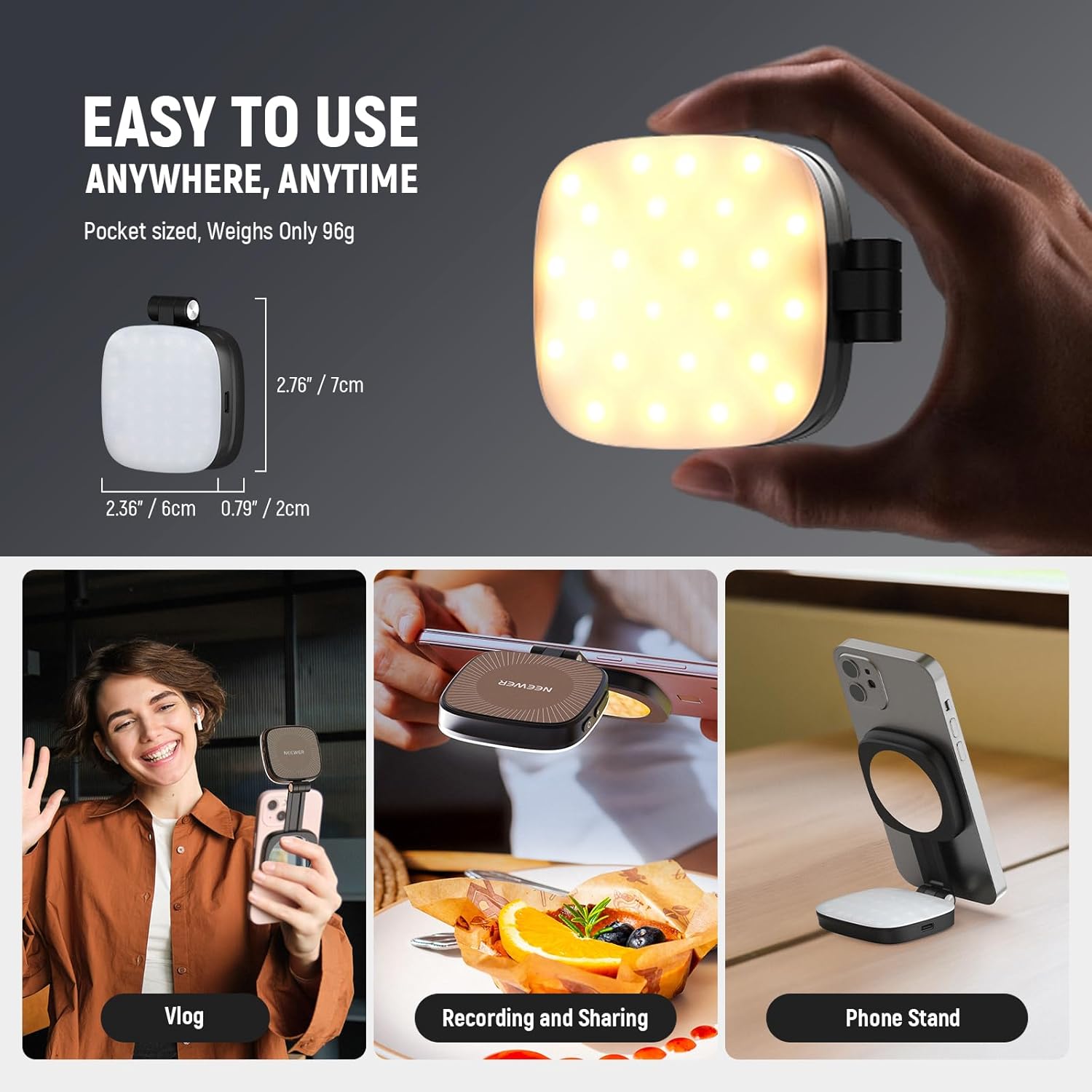 BASICS Magnetic Selfie Light Compatible with Magsafe Iphone,Cri95 700Lx/0.3M Folding LED Phone Fill Ring Lighting with Mirror for Zoom Makeup Photography Recording Video Conference, Black NL48B