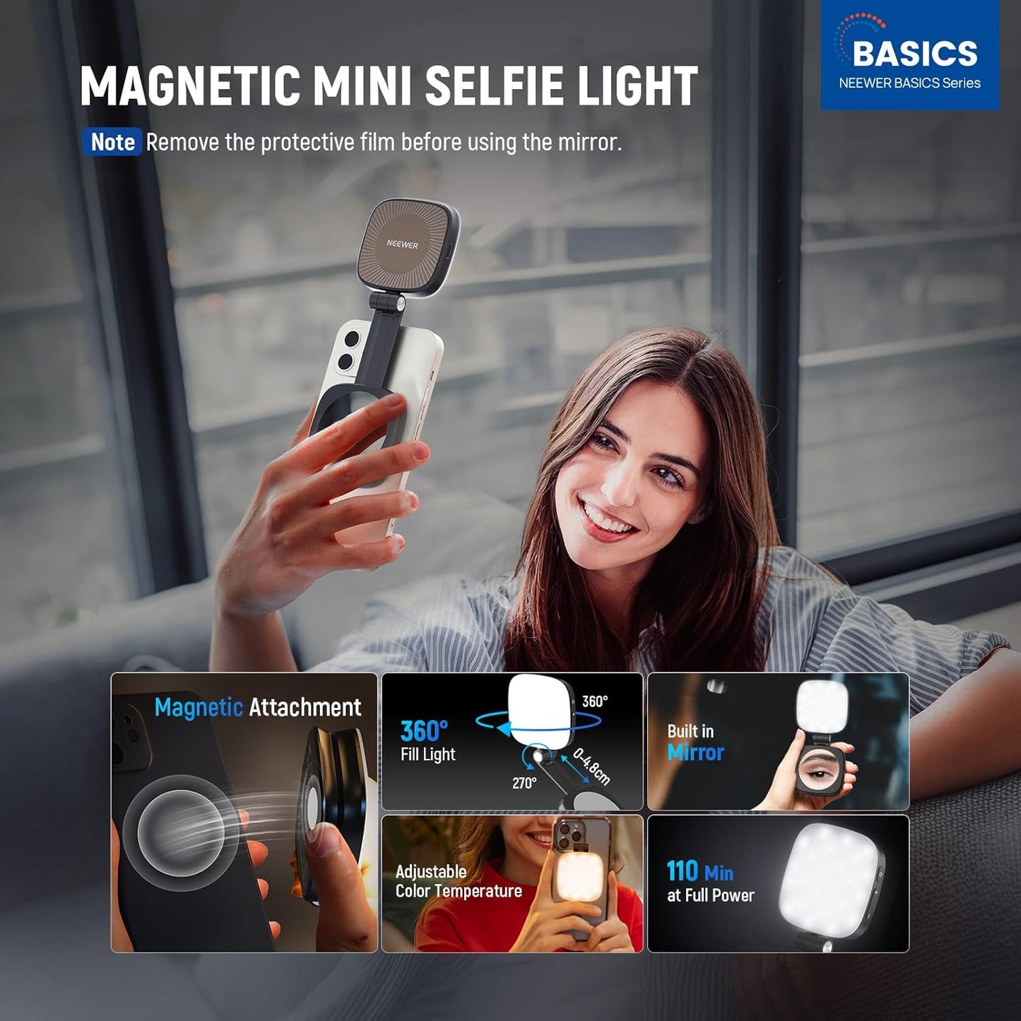 Basics Magnetic Selfie Light Compatible with Magsafe Iphone, Mini LED Desk Phone Stand Fill Ring Lighting with Mirror/Cleaning Cloth for Zoom Makeup Recording Video Conference, Black NL48B