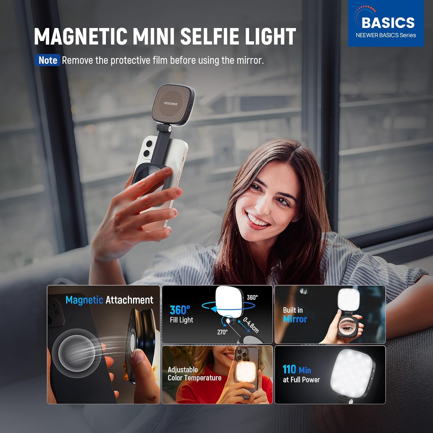 Basics Magnetic Selfie Light Compatible with Magsafe Iphone, Mini LED Desk Phone Stand Fill Ring Lighting with Mirror/Cleaning Cloth for Zoom Makeup Recording Video Conference, Black NL48B