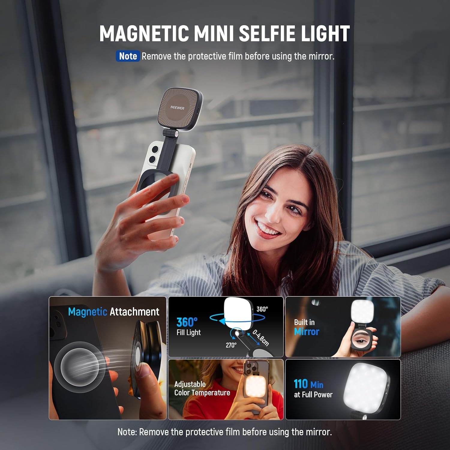 BASICS Magnetic Selfie Light Compatible with Magsafe Iphone,Cri95 700Lx/0.3M Folding LED Phone Fill Ring Lighting with Mirror for Zoom Makeup Photography Recording Video Conference, Black NL48B