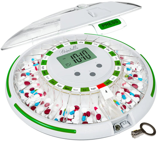 Pointells - Automatic Pill Dispenser with Sound Alarm for Timed Medicine Organizer - 28 Day Pill Dispenser Machine for Elderly with Alarm Sound Light - Timed Medication Dispenser Organizers