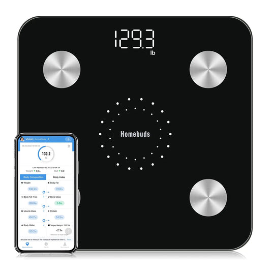 Homebuds Digital Bathroom Scale for Body Weight and Body Fat Weighing Professional Since 2001 Body Composition Monitor Professional for BMI Fat Water Muscle with App 400lb Black